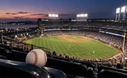 夕暮れのナイター照明が灯る大きな野球場と、客席に置かれた硬式球のイメージ