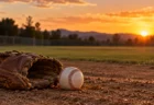 夕焼けの野球場の土の上に置かれた野球グローブと硬式野球ボール
