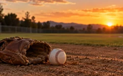 夕焼けの野球場の土の上に置かれた野球グローブと硬式野球ボール