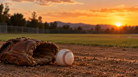 夕焼けの野球場の土の上に置かれた野球グローブと硬式野球ボール