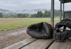 曇り空の下、誰もいない球場のベンチに置かれたキャッチャーミットとマスク