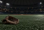 照明が落ちかけた屋内ドーム球場の外野の芝生に置かれた外野手用グラブ