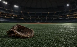 照明が落ちかけた屋内ドーム球場の外野の芝生に置かれた外野手用グラブ
