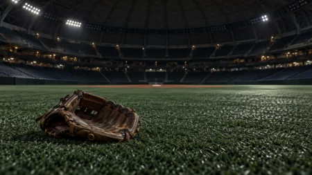 照明が落ちかけた屋内ドーム球場の外野の芝生に置かれた外野手用グラブ