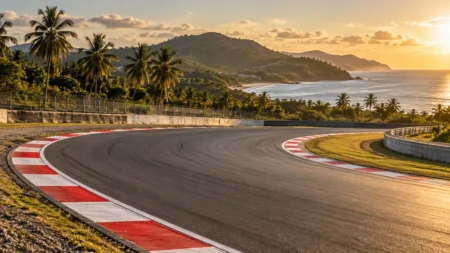 南国の海沿いのサーキットとピットレーン