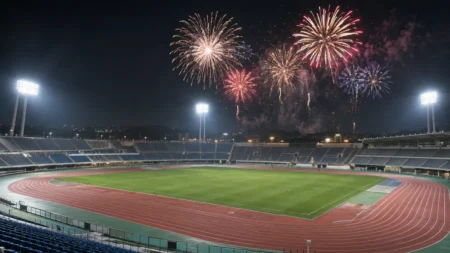 夜のスタジアムの観客席と照明に照らされたフィールド