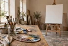 柔らかな自然光が入るアトリエの作業台に置かれた絵筆と絵の具、立てかけられた白いキャンバス