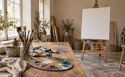 柔らかな自然光が入るアトリエの作業台に置かれた絵筆と絵の具、立てかけられた白いキャンバス