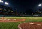 試合後の夜の球場のネクストバッターズサークルに置かれたバット