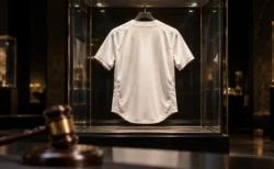 スポットライトに照らされた展示ケースの中の野球ユニフォーム