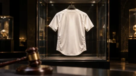 スポットライトに照らされた展示ケースの中の野球ユニフォーム