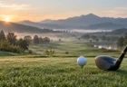 朝の光に照らされたゴルフ場のティーグラウンドとドライバー
