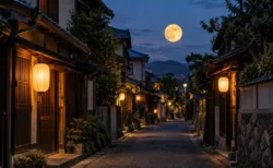 満月が昇る夜の日本の静かな路地と、軒先に灯る和紙の提灯