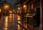 雨上がりの夜、濡れた石畳に映る街の灯りと、古いアップライトピアノ
