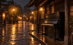 雨上がりの夜、濡れた石畳に映る街の灯りと、古いアップライトピアノ