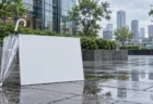雨上がりのテレビ局の屋外観覧スペースに置かれた白い手持ちボードと、濡れた石畳