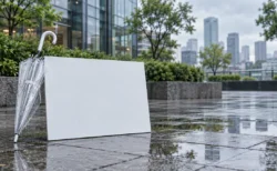 雨上がりのテレビ局の屋外観覧スペースに置かれた白い手持ちボードと、濡れた石畳