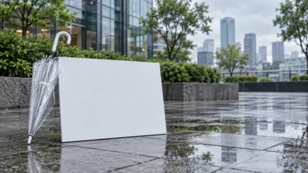 雨上がりのテレビ局の屋外観覧スペースに置かれた白い手持ちボードと、濡れた石畳