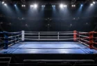 照明に照らされた無人のキックボクシングのリング