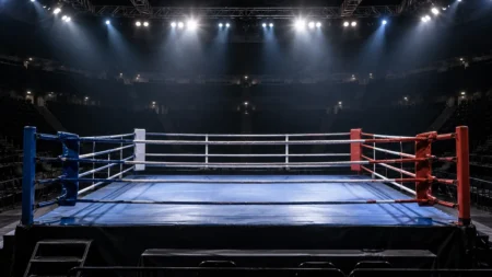 照明に照らされた無人のキックボクシングのリング