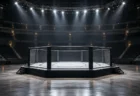 照明に照らされた格闘技大会のケージと空のアリーナ席