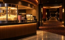 暖色の照明がともる夜の映画館ロビーと、無人のポップコーン売り場