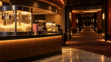 暖色の照明がともる夜の映画館ロビーと、無人のポップコーン売り場