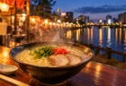 湯気の立つとんこつラーメンの丼と、夕暮れの博多の川沿いに並ぶ屋台の明かり