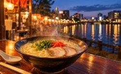 湯気の立つとんこつラーメンの丼と、夕暮れの博多の川沿いに並ぶ屋台の明かり