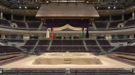 体育館に設けられた相撲の土俵と吊り屋根