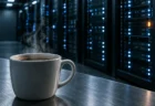 湯気の立つコーヒーカップの奥に並ぶサーバーラックと、1台だけ点灯する琥珀色の警告灯