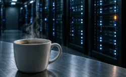 湯気の立つコーヒーカップの奥に並ぶサーバーラックと、1台だけ点灯する琥珀色の警告灯
