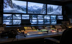 モニターに冬の山道の駅伝コースが映る、無人のテレビ中継サブコントロールルーム