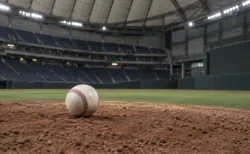 試合のないドーム球場のマウンドに置かれた硬式野球ボール