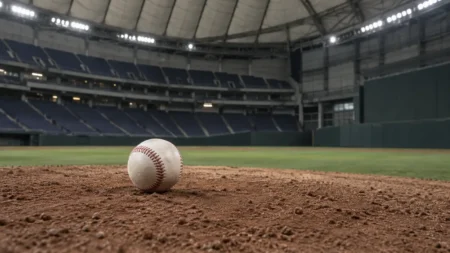 試合のないドーム球場のマウンドに置かれた硬式野球ボール