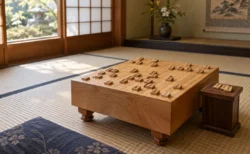 和室の畳の上に置かれた木製の将棋盤と駒台、盤上に並ぶ将棋の駒