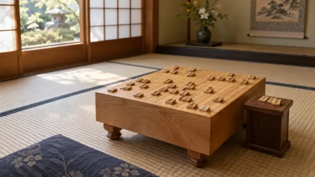 和室の畳の上に置かれた木製の将棋盤と駒台、盤上に並ぶ将棋の駒
