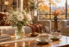 秋の日差しが差し込む部屋のテーブルに置かれた、白い花を生けた花瓶と2つの紅茶のカップ