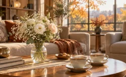 秋の日差しが差し込む部屋のテーブルに置かれた、白い花を生けた花瓶と2つの紅茶のカップ
