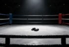 薄暗い会場で青と赤のコーナーポストのリングにスポットライトが当たり、キャンバスに置かれた黒いオープンフィンガーグローブ