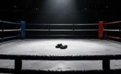 薄暗い会場で青と赤のコーナーポストのリングにスポットライトが当たり、キャンバスに置かれた黒いオープンフィンガーグローブ