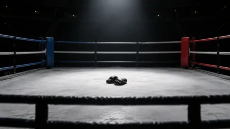 薄暗い会場で青と赤のコーナーポストのリングにスポットライトが当たり、キャンバスに置かれた黒いオープンフィンガーグローブ