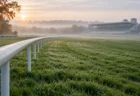 朝もやの中の競馬場の芝コースと白いラチ