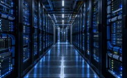青いランプが並ぶ夜のデータセンターのサーバーラックの通路