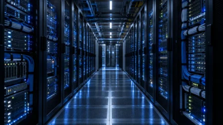 青いランプが並ぶ夜のデータセンターのサーバーラックの通路