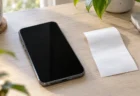 明るい室内の机に置かれた画面消灯のスマートフォン