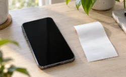 明るい室内の机に置かれた画面消灯のスマートフォン