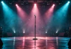 青緑とピンクのスポットライトに照らされた無人のライブステージとスタンドマイク
