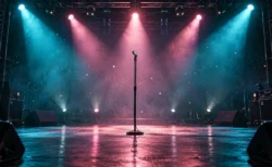 青緑とピンクのスポットライトに照らされた無人のライブステージとスタンドマイク