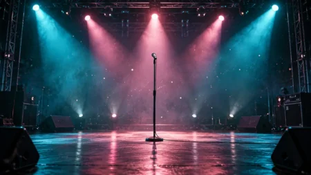 青緑とピンクのスポットライトに照らされた無人のライブステージとスタンドマイク